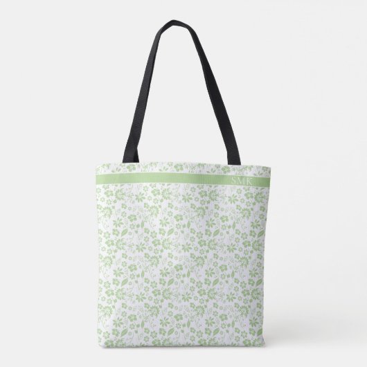 Modern Mint Green Tropical Flowers Monogram Tote Bag (Achterkant)