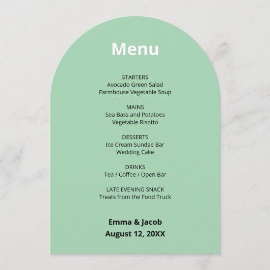 Modern Mint Green Wedding Menu Kaart (Voorkant)
