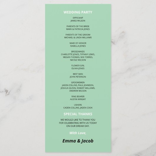 Modern Mint Green Wedding Programma (Achterkant)