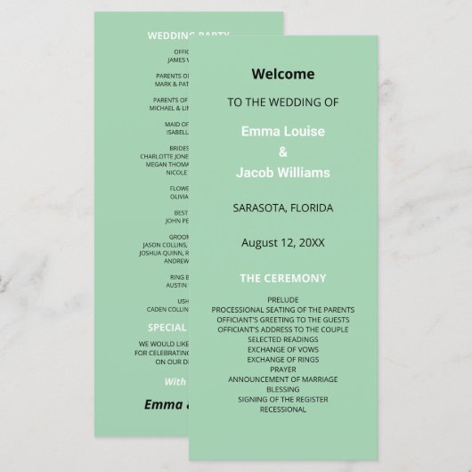 Modern Mint Green Wedding Programma (Voorkant / Achterkant)
