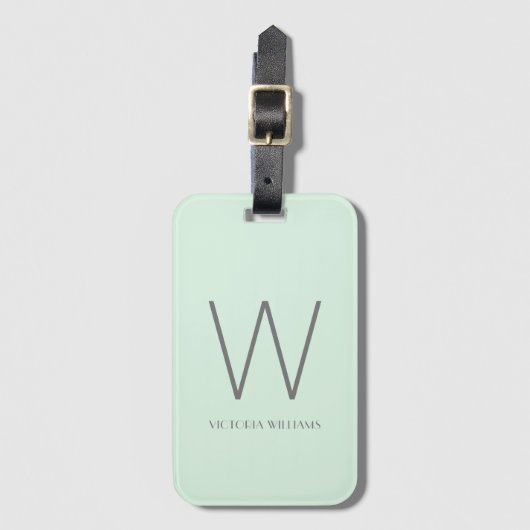 Modern mint groen en grijs minimalistisch monogram bagagelabel (Voorkant (verticaal))