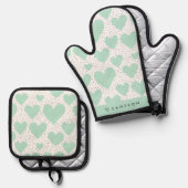 Modern Mint Groen Hart Patroon Gepersonaliseerd Ovenwant & Pannenlap Set (Voorkant / Achterkant)
