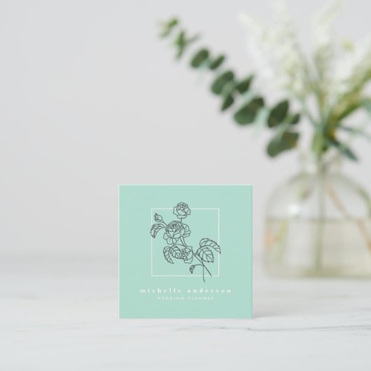 Modern mint groen zwart roos bloem make-up floral vierkante visitekaartje (Staand voorkant)