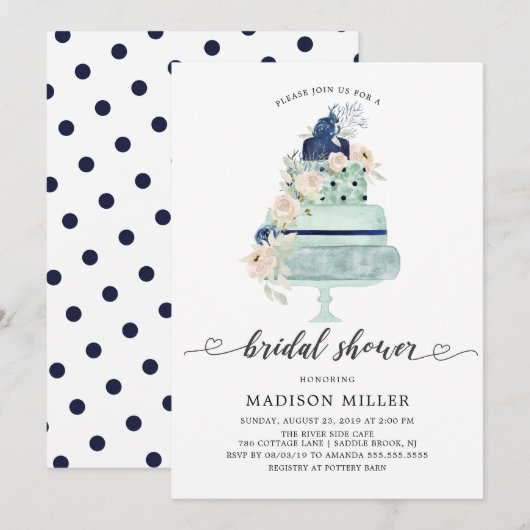 Modern Mint Navy & Blush Floral Cake Vrijgezellenf Kaart (Voorkant / Achterkant)