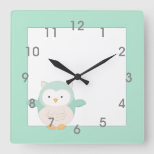 Modern Mint Owl Clock - kinderslaapkamer Vierkante Klok