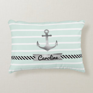 Modern Mint Stripes Grijze Anchor Persoonlijk Decoratief Kussen