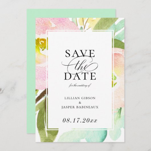 Modern Mint Summer Floral Save the Date Aankondiging (Voorkant / Achterkant)