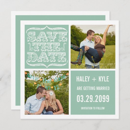 Modern Mint & White Bewaar de datum fotokaarten Kaart (Voorkant / Achterkant)