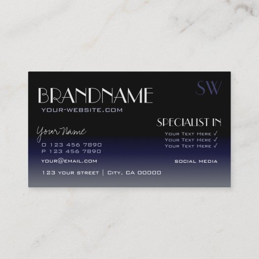 Modern Mirror Font Classic Black en Blue Monogram Visitekaartje (Achterkant)