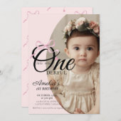 Modern Miss Onederful Roze Strik Eerste Verjaardag Kaart (Voorkant / Achterkant)