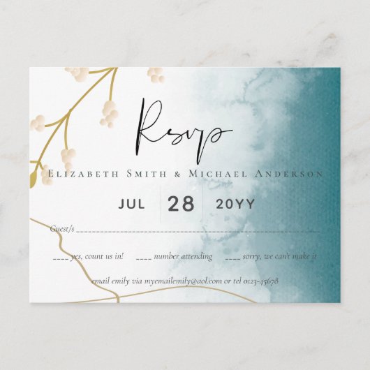 Modern Misty Blue Gold Wedding Briefkaart (Voorkant)