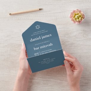 Modern Mitzvah Dusty Blue ALL IN ÉÉN INVITATIE One Uitnodiging