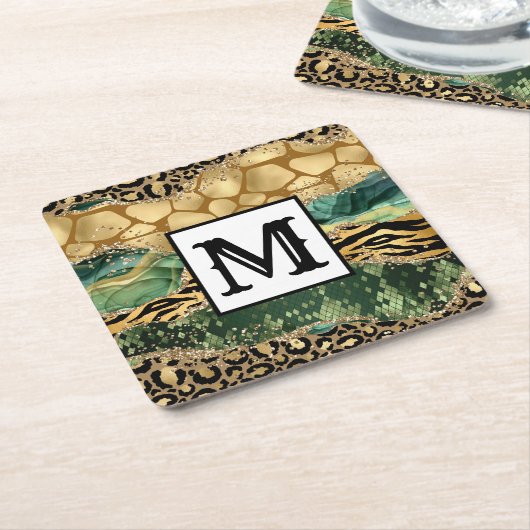 Modern Mixed Animal Print Monogram Kartonnen Onderzetters (Schuin)