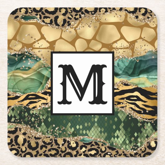 Modern Mixed Animal Print Monogram Kartonnen Onderzetters (Voorkant)