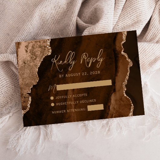 Modern Mocha Brown Agate Gold Script Wedding RSVP Kaartje
