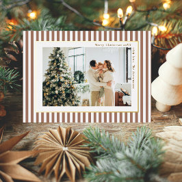Modern Mocha Brown Stripes Photo Christmas Gold Folie Feestdagenkaart