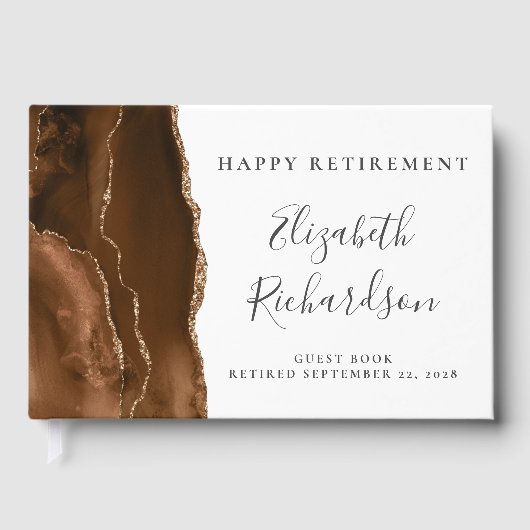 Modern Mocha Bruin Goud Agate Script Pensioen Gastenboek (Voorkant)