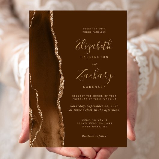 Modern Mocha Gold Agate Brown Wedding Kaart