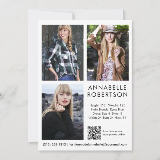 Modern Model Actor 3 Foto's QR Code Comp Kaart (Voorkant)