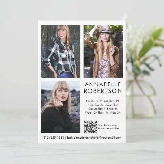 Modern Model Actor 3 Foto's QR Code Comp Kaart (Staand voorkant)