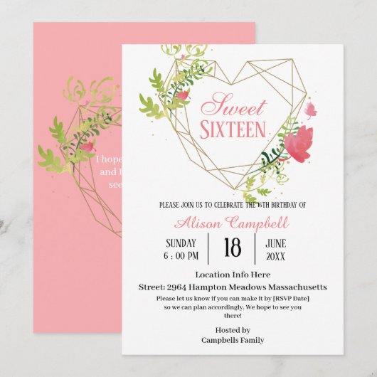 Modern Modern Pink Floral Sweet 16 Birthday Party Kaart (Voorkant / Achterkant)
