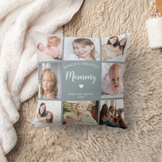 Modern Mom Custom Photo Collage Blauw Hart Kussen (Deken)