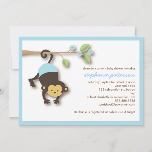 Modern Monkey Sweet Boy Baby shower Invitation Kaart (Voorkant)