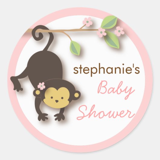 Modern Monkey Sweet Girl Baby shower in Roze Ronde Sticker (Voorkant)