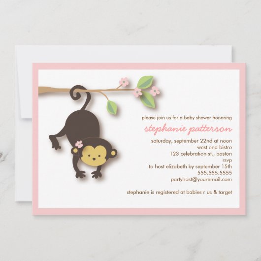 Modern Monkey Sweet Girl Baby shower Invitation Kaart (Voorkant)