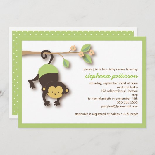 Modern Monkey Sweet Neutral Baby shower Invitation Kaart (Voorkant / Achterkant)