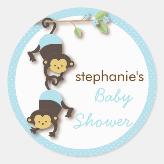 Modern Monkey Twin Boy Baby shower in blauw Ronde Sticker (Voorkant)