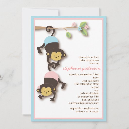 Modern Monkey Twin Girl & Boy Baby shower Kaart (Voorkant)