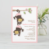 Modern Monkey Twin Girls Baby shower Invitation Kaart (Staand voorkant)
