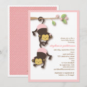 Modern Monkey Twin Girls Baby shower Invitation Kaart (Voorkant / Achterkant)
