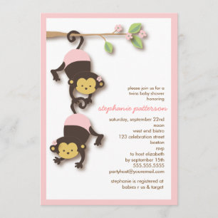 Modern Monkey Twin Girls Baby shower Invitation Kaart
