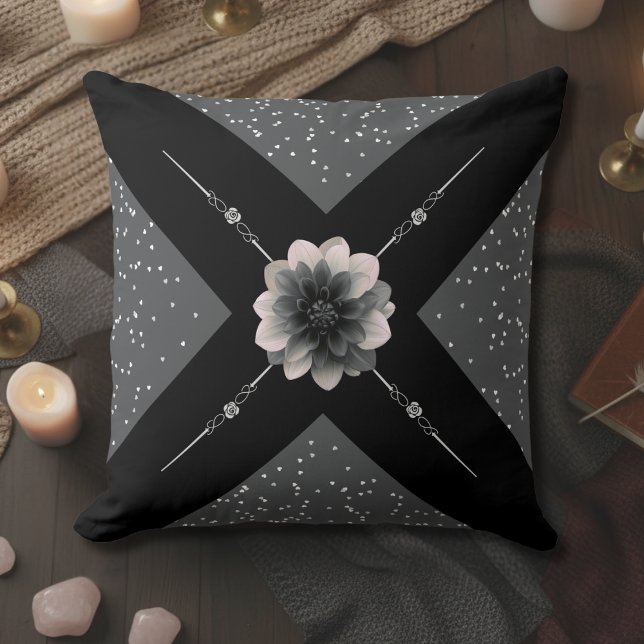 Modern Monochromatic Dahlia Floral Geometric Kussen (Introduce stunning visual drama into your home with this high-contrast, monochromatic throw pillow)