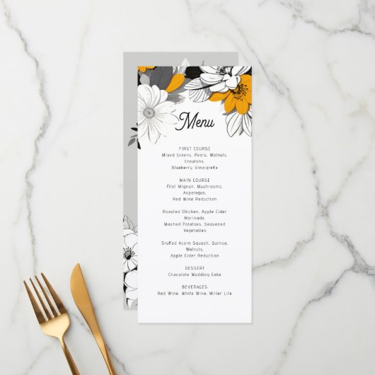 Modern monochroom bloemenbruiloft menu (Voorkant / Achterkant in situ)