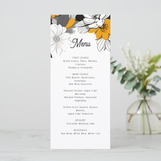 Modern monochroom bloemenbruiloft menu (Staand voorkant)