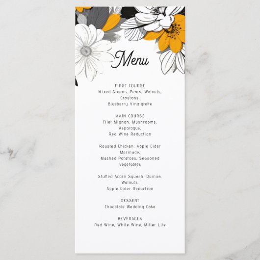 Modern monochroom bloemenbruiloft menu (Voorkant)