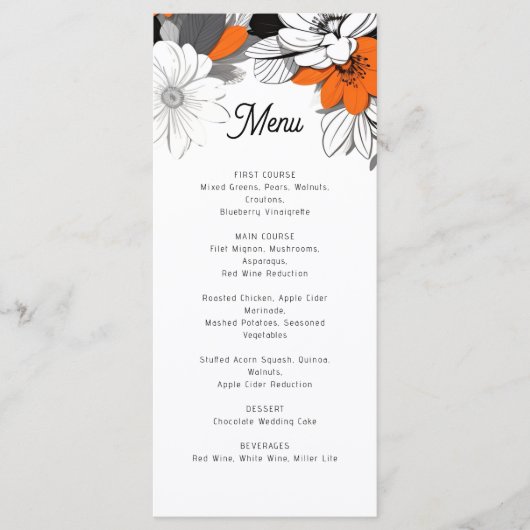 Modern monochroom bloemenbruiloft menu (Voorkant)