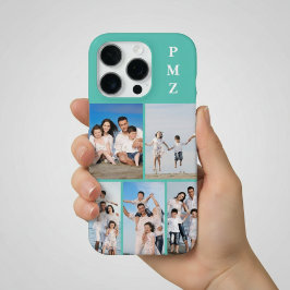 Modern Monogram 5 Photo Collage Aqua Blue Teal iPhone 16 Pro Hoesje