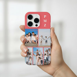 Modern Monogram 5 Photo Collage Coral Pink iPhone 16 Pro Hoesje