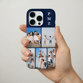Modern Monogram 5 Photo Collage Dark Navy Blue iPhone 16 Pro Hoesje