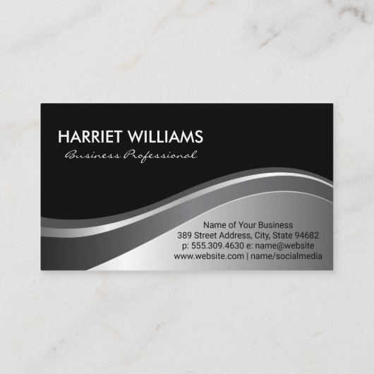 Modern Monogram | Achtergrond Metallic Wave Black Visitekaartje (Achterkant)