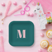 Modern Monogram Beginletter Groen Roze Papieren Bordje (Feest)