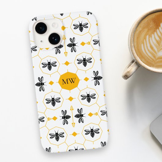 Modern Monogram Bijenpatroon Geel Honingraat Chic Case-Mate iPhone Case
