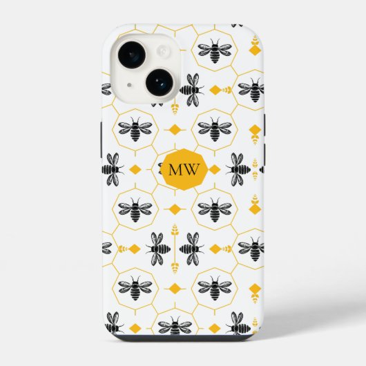 Modern Monogram Bijenpatroon Geel Honingraat Chic iPhone Hoesje (Achterkant)