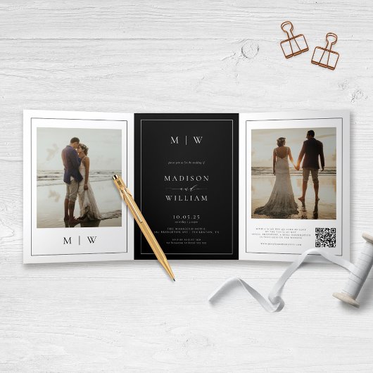 Modern Monogram Black and White Wedding Drieluik Programma
