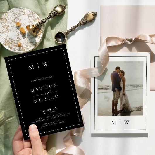 Modern Monogram Black and White Wedding Kaart