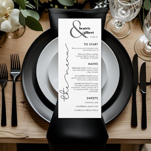 Modern Monogram Black and White Wedding Menu Card